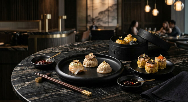 Modern Luxury Dim Sum

Premium dim sum plated on elegant black ceramic plates, including truffle siu mai and gold-leaf dumplings, modern fine-dining setting, moody lighting, dark marble table,
