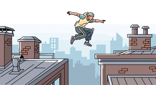Young man parkour jumping between rooftops in urban cityscape