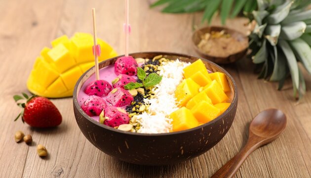 Colorful and Delicious Tropical Smoothie Bowl with Fresh Fruits and Healthy Ingredients.