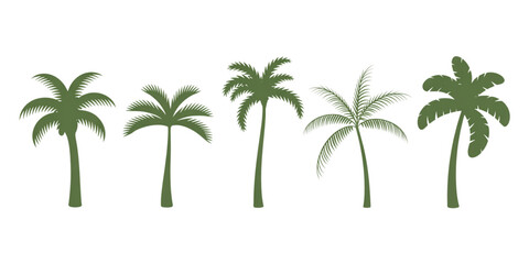 A collection of five distinct green palm tree silhouettes featuring various leaf and trunk styles Vector © AZIFA