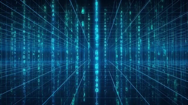 Abstract futuristic digital binary code visualization of data matrix grid