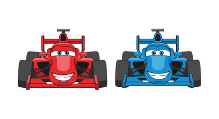 Obraz premium Two cartoon racing cars, one red and one blue, smiling and ready to race.