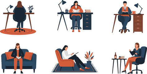 Fototapeta premium People engaged in diverse reading and work activities in indoor settings