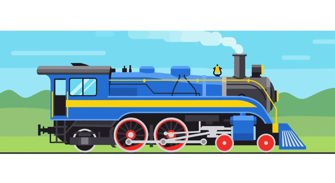 Vintage Blue Steam Locomotive Train, Retro Transportation, Classic Railway Engine