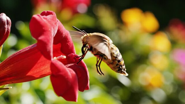 Hummingbird Moth Hovers Near Trumpet Flower High Speed Capture