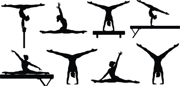 Gymnast silhouettes performing balance beam, handstand and split poses, artistic gymnastics training collection, athlete flexibility and strength concept, isolated black vector illustration