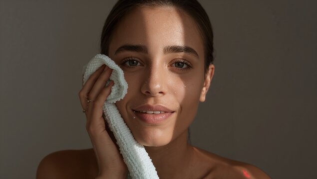 Holding woman pressing towel to right cheek in room, with bare-shoulders, rings, lip-stud wet-skin