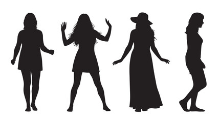 Silhouettes of four women in various poses and outfits, showcasing diverse fashion styles and movements against a white background