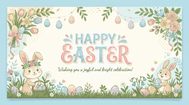 Cute bunnies and colorful eggs decorate a joyful easter banner with floral accents and green grass in light pastel tones