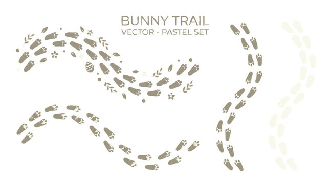 Whimsical bunny footprints and paw prints forming winding trails with tiny floral elements creating a charming playful and adorable easter