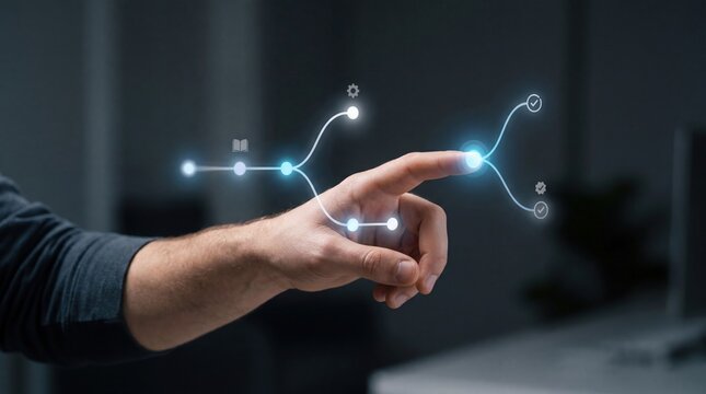 Upskilling and reskilling - A realistic cinematic medium close-up of a hand interacting with a glowing node on a floating personalized learning pathway with milestone checks.