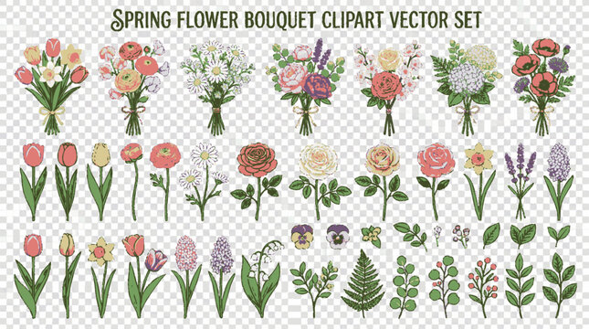 Delicate spring flower bouquets and individual blooms vector set featuring tulips roses hydrangeas lavender and ferns for artistic floral