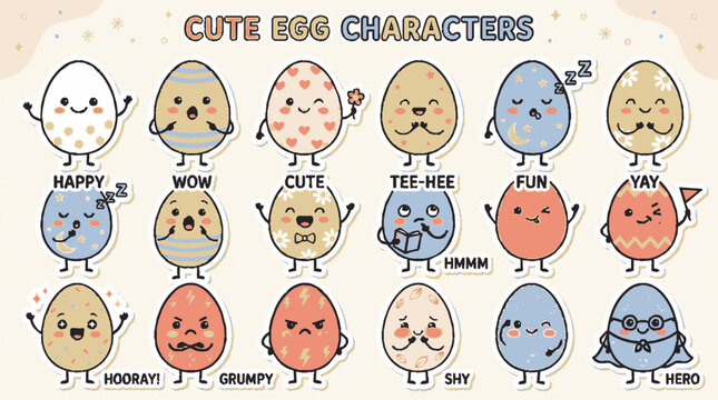 Collection of delightful hand drawn cute egg characters with expressive faces and varied emotions set against a soft textured pastel