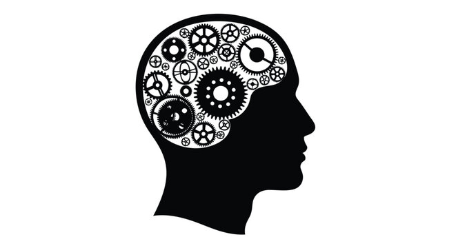 This graphic depicts a human head in profile with the brain area filled with intricate gears high quality professional
