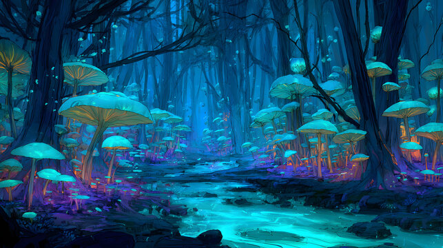Mystical glowing forest with mushrooms