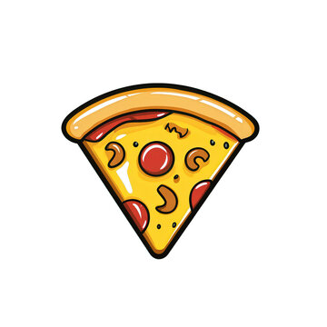 Illustration color&eacute;e d'une part de pizza italienne avec du pepperoni, des champignons et du fromage fondant, style dessin anim&eacute; sur fond blanc.
