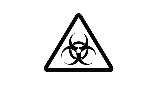 A stark black and white image depicts a triangular biohazard symbol warning of potential biological dangers and risks