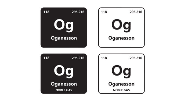 Oganesson element tiles in black and white with atomic number and atomic mass featuring Og, periodic table, chemistry with science and noble gas
