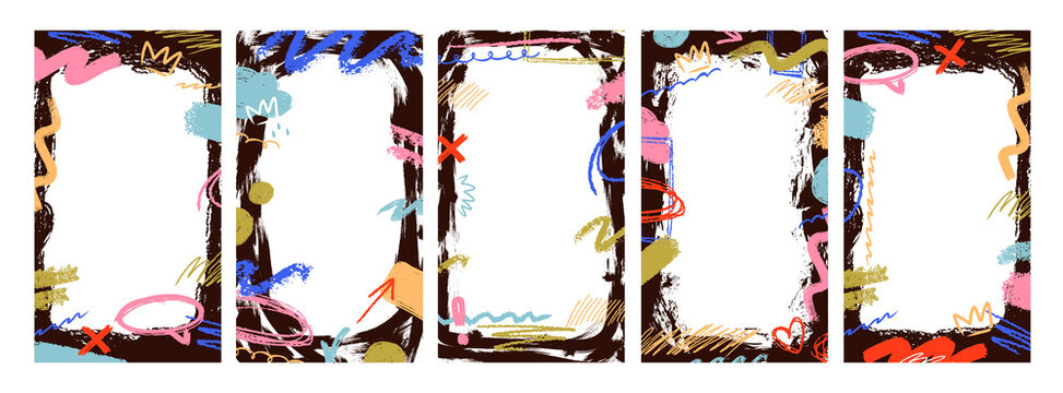 Hand drawn abstract frames with scribbles, arrows and brush strokes, modern creative backgrounds for social media stories and posts. Punk urban brush textures.