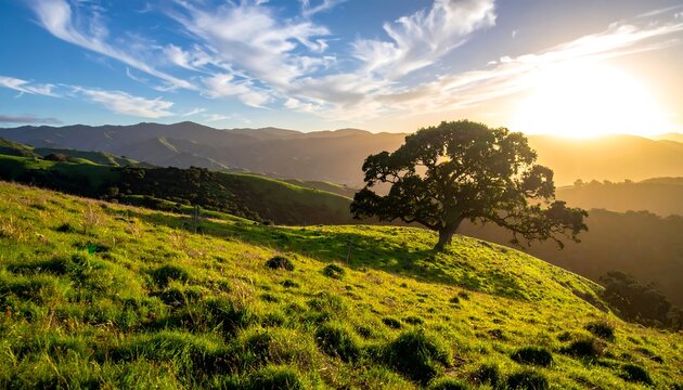 A sunlit, rolling green hillside with a lone tree. Mountains and a partly cloudy blue sky. A sun flares