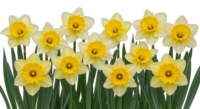 A beautiful collection of bright yellow daffodils arranged in a row against a plain white background