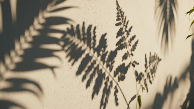 Shadows of palm leaves and fern on a textured wall in sunlight