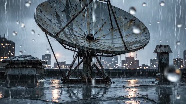 Rain Streaks on Satellite Dish Lens, Perched Precariously on Rooftop