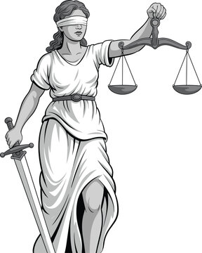 Lady Justice statue, blindfolded woman holding scales and sword, symbol of law, justice, balance, legal system, court authority illustration concept