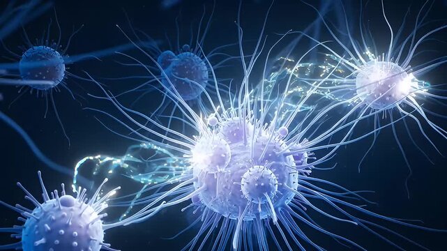 Close up of virus cells with long appendages on a dark background