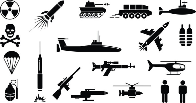 Military weapons and warfare icons set including missiles, tank, submarine, helicopter, rifle, grenade, nuclear symbol silhouette collection illustration