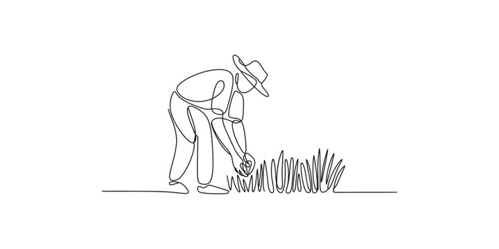 Man bending over to tend to plants in a garden or field outdoors gardening hat