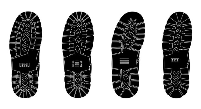 Set of black boot sole footprints, different angles, top view, isolated on white background