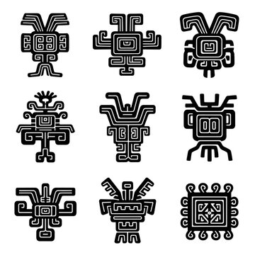 Set of Ancient Mesoamerican Glyphs and Symbols, Tribal Art, Vector Illustrations