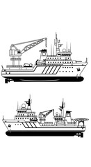 Fototapeta premium Line Art Illustration of Two Research Vessels with Cranes and Helipads