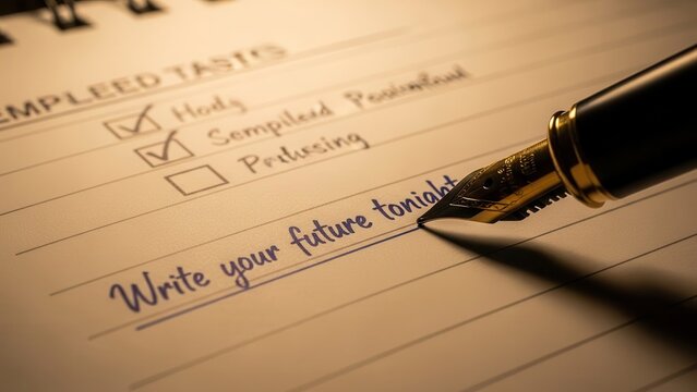 Pen writing 'write your future tonight' on a lined paper checklist
