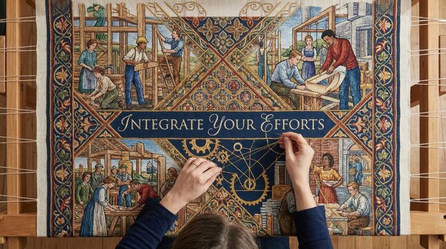 Overhead View of Hands Integrating Efforts on a Tapestry