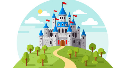 Fairytale Castle on a Hill with Flags, Path, and Trees © Nofear
