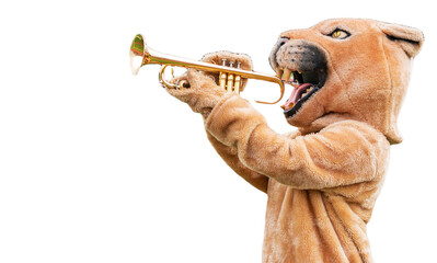 Obraz premium Cougar mascot playing trumpet with a transparent backgroun d