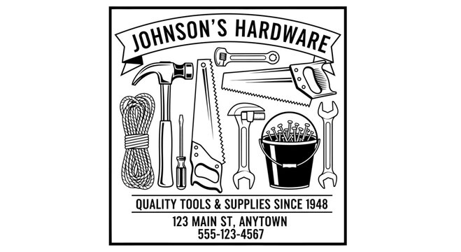 Vintage Johnson's Hardware Store Logo with Tools and Supplies Since 1948