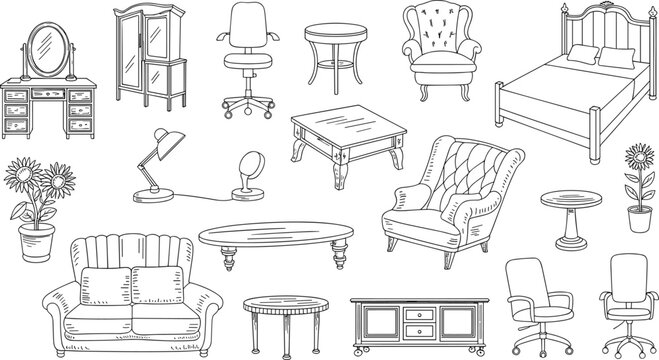 Furniture line art set with sofa, chair, table, bed, cabinet, lamp, interior decor outline vector illustration collection