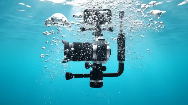 Professional Underwater Camera Rig With Housing and Lights Submerged in Clear Blue Water