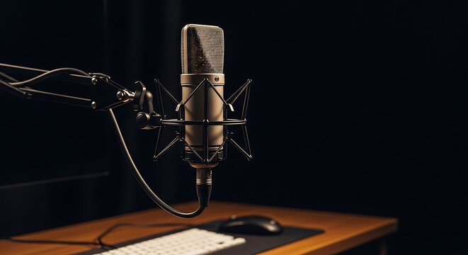 A professional microphone on a desk in a dark recording studio with a keyboard and mouse