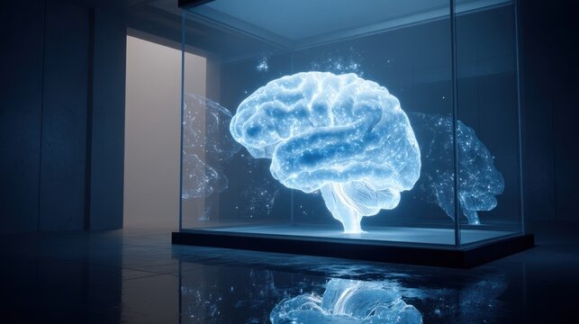 Glowing Brain Model in Glass Display Case