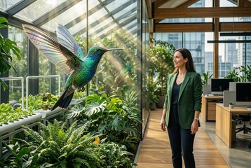 Obraz premium A surreal 8K image of sustainability leadership featuring a woman in a green blazer inside a modern glass greenhouse office with a giant hummingbird whose wings are solar panels shimmering with