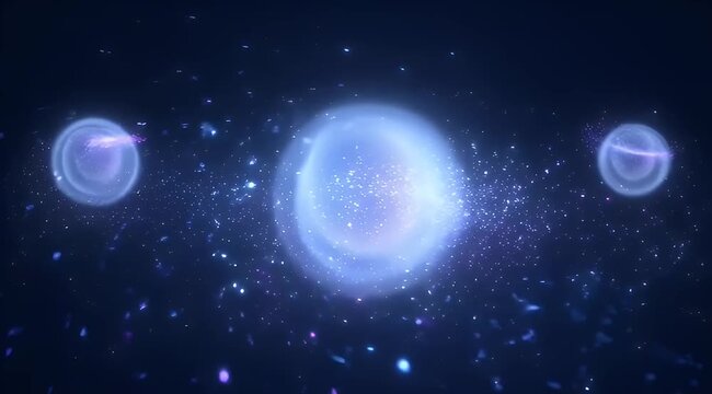 Abstract cosmic scene with nebulae, stars, and ethereal glowing orbs in deep space