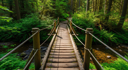 Fototapeta premium Scenic wooden bridge crossing a stream in a lush green forest landscape