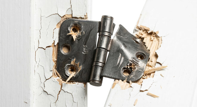Close Up of Broken Door Hinge with Splintered Wood Frame and Cracked Paint Forced Entry Break In and Home Security Concept