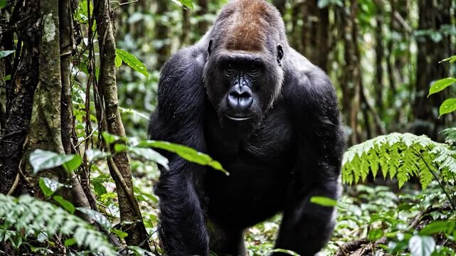 Powerful silverback gorilla walking through lush green forest wildlife portrait
