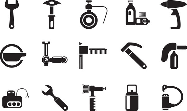 set of icons with various tools on white background