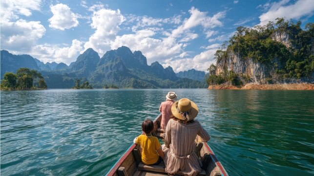 People in boat explore stunning mountain lake under blue sky